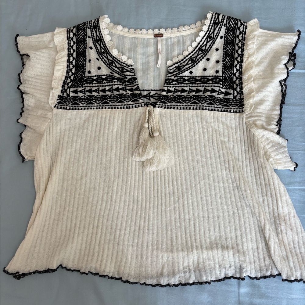 Free People Cream and Black Embroidered Blouse